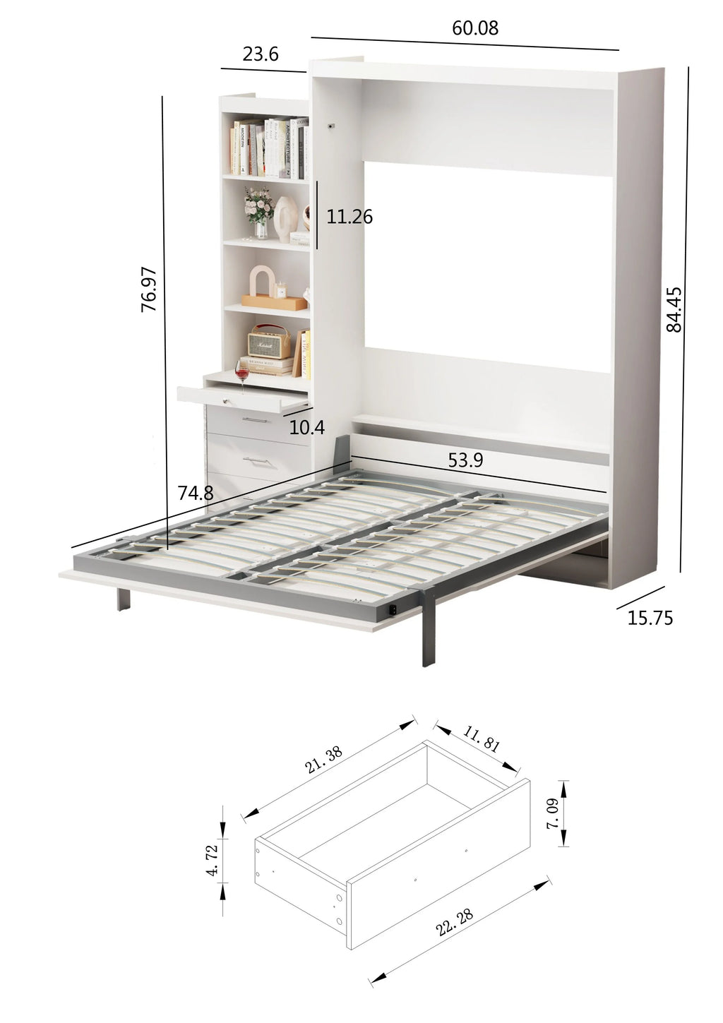 White Full Size Vertical Murphy Bed with Shelf and Drawers B874002