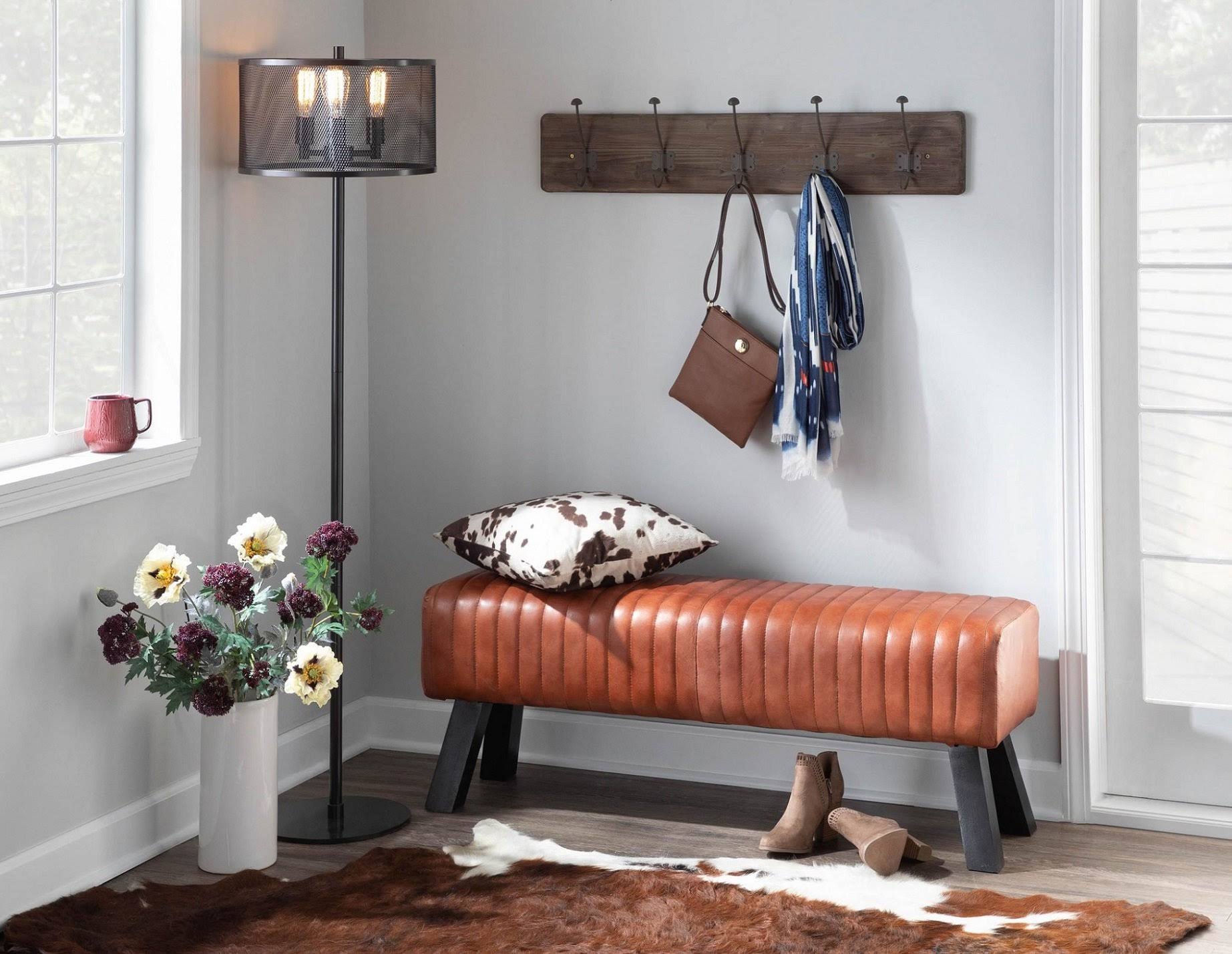 Industrial Bench in Black Wood and Brown Leather U926