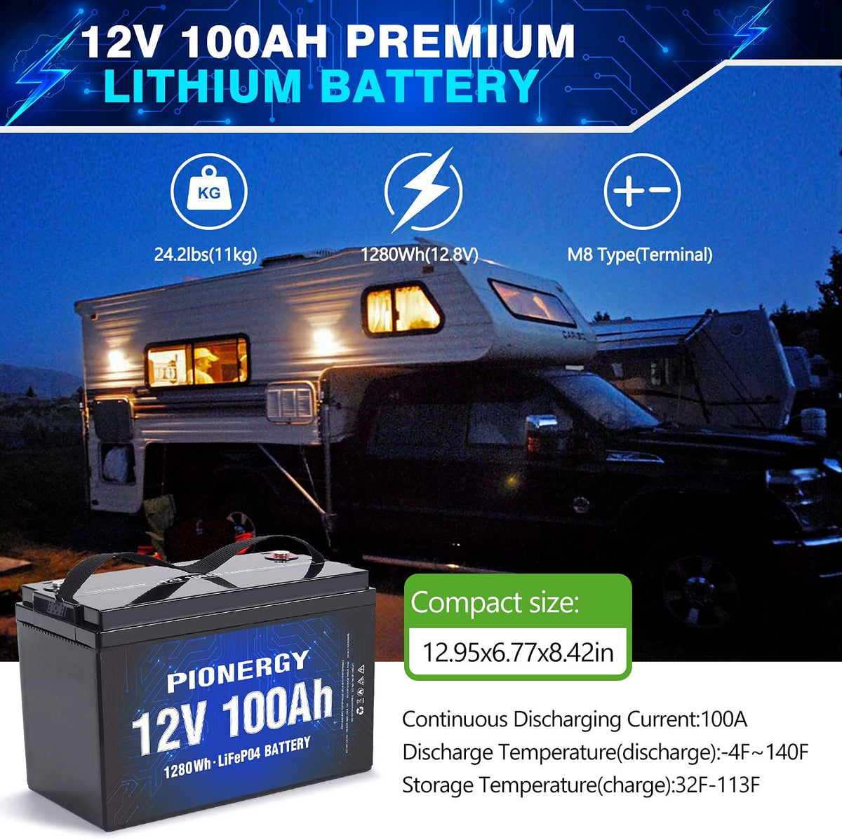 12V 100Ah LiFePO4 Lithium Battery with 100A BMS B585