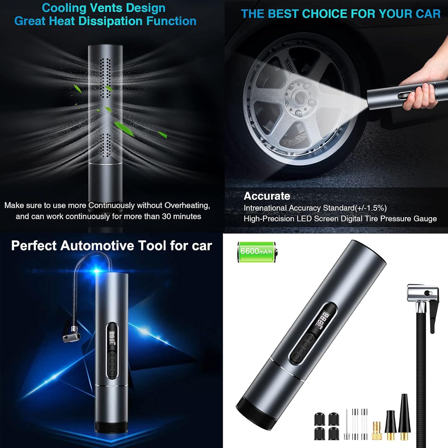 Handheld Air Compressor Portable Inflator, 6600mAh Rechargeable 120PSI Tire Pump with LED Display R229306
