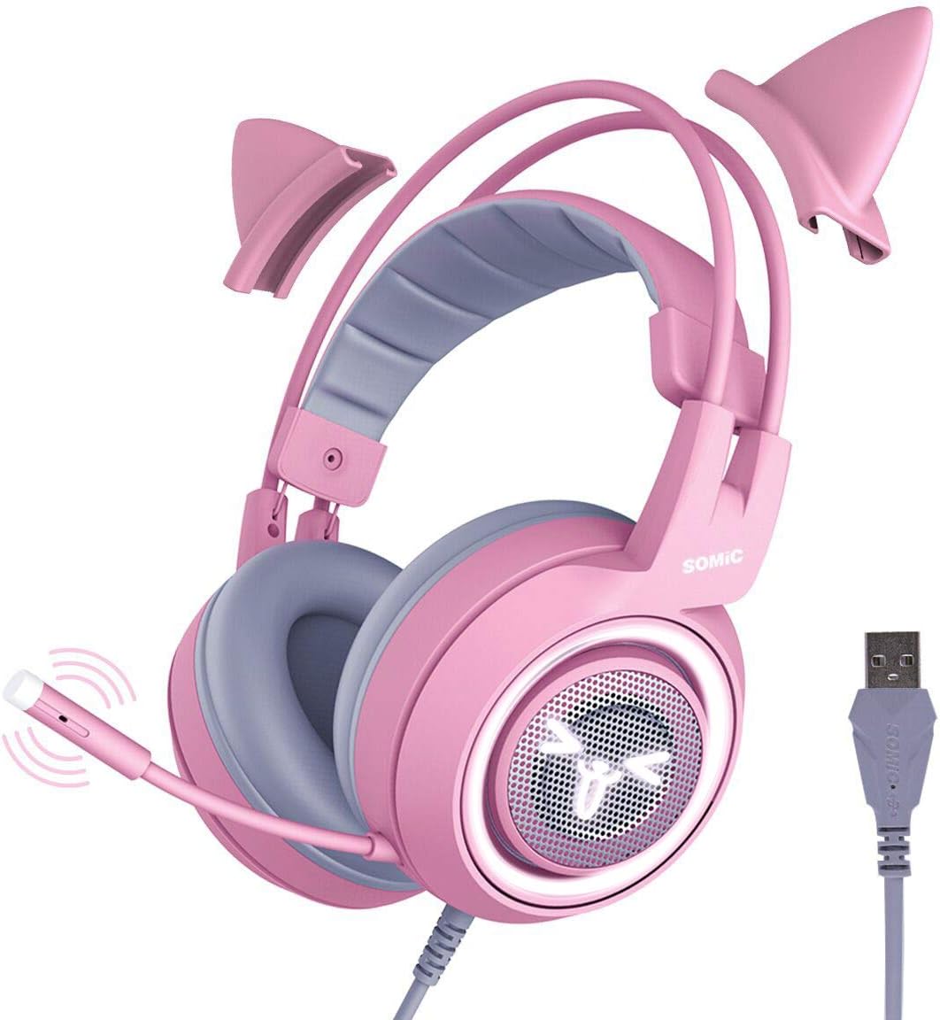 Black Gaming Headset with Detachable Cat Ear Headphones LED, USB I4031