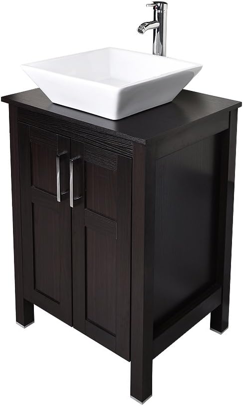 24 Inches Dark Coffee Single Bathroom Vanity with 2-Door Cabinet and Tempered Glass Sink Top W317468