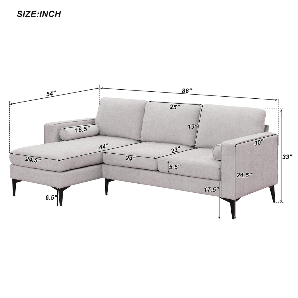 L-Shaped Sectional Sofa with Reversible Chaise, 3 Seater Chenille Fabric Modular Couch with Pillows Metal Legs R1489