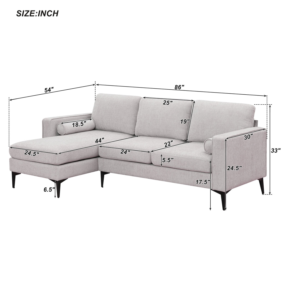 L-Shaped Sectional Sofa with Reversible Chaise, 3 Seater Chenille Fabric Modular Couch with Pillows Metal Legs R1489