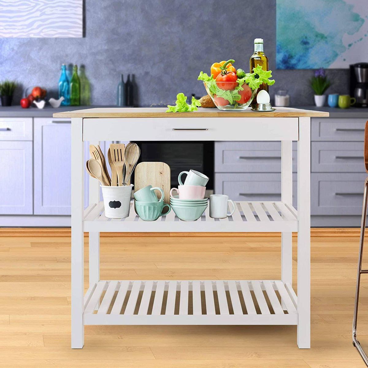 Natural/White Kitchen Island with Solid American Hardwood Top S6991