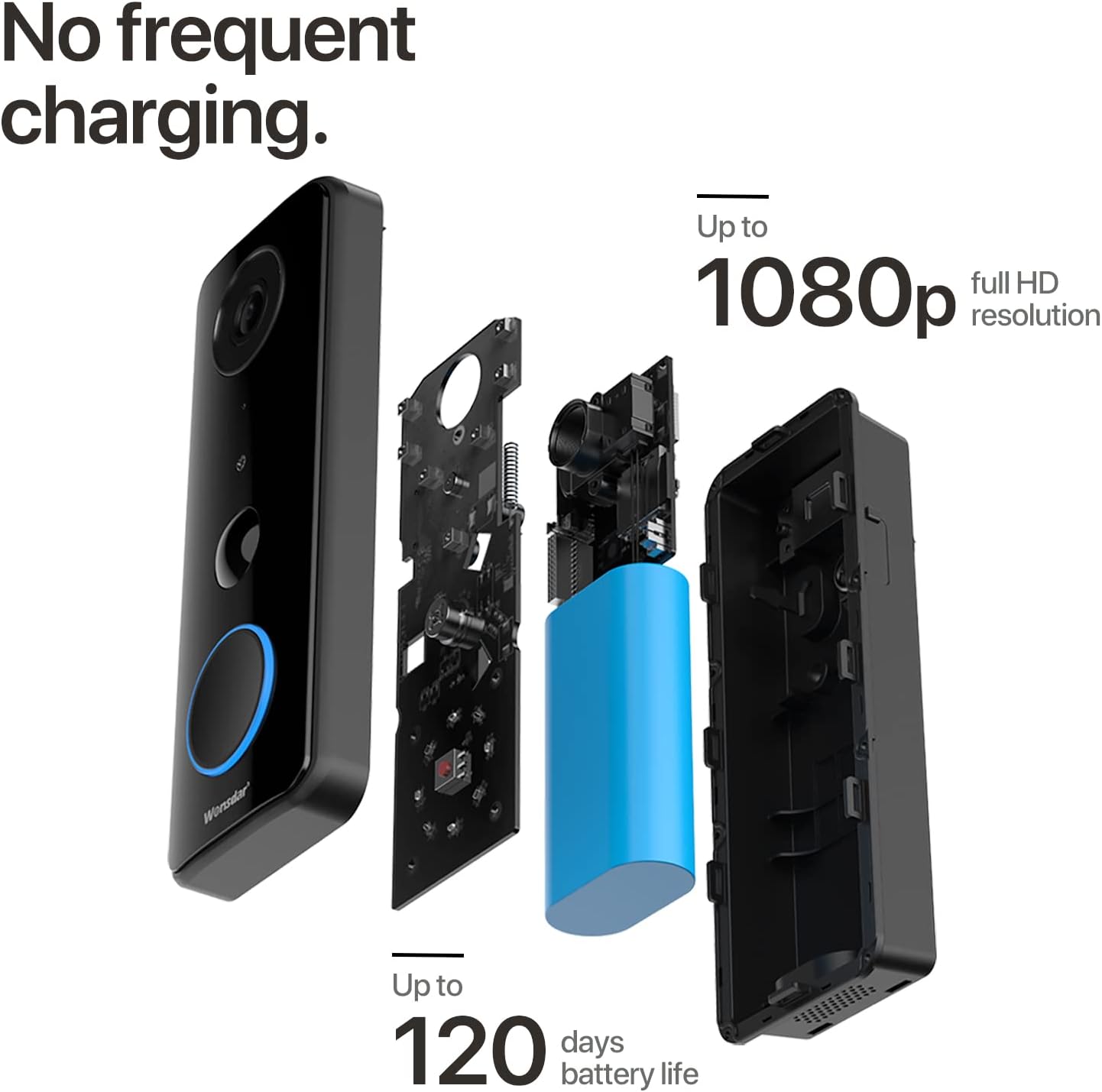 Black Wireless Video Doorbell Camera with Chime, 1080P, IP66 Waterproof G249
