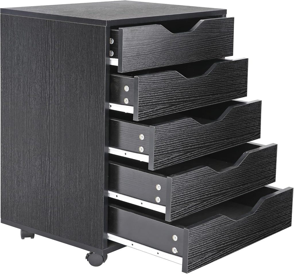 Black 5 Drawer Mobile Wood Filing Cabinet with Lockable Casters X7968