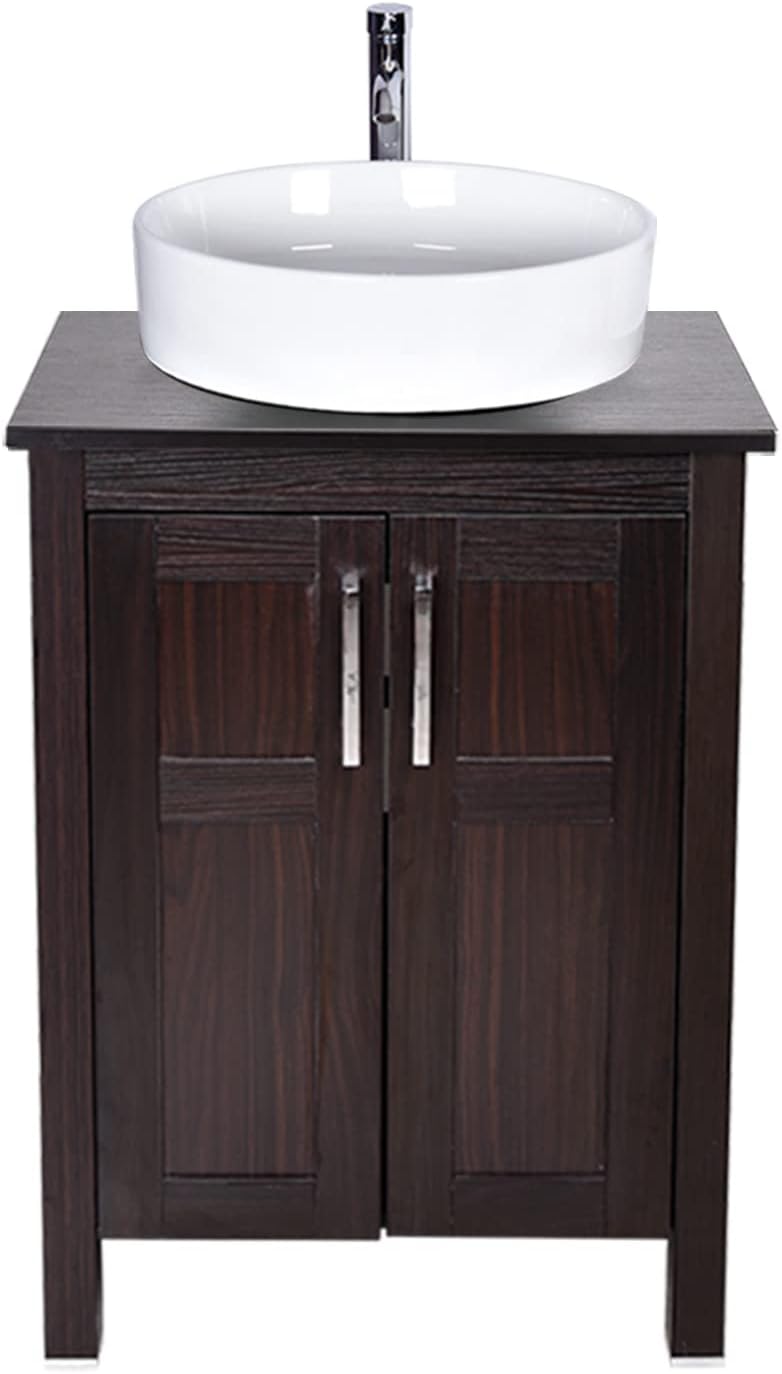 24 Inches Dark Coffee Single Bathroom Vanity with 2-Door Cabinet and Tempered Glass Sink Top W317468