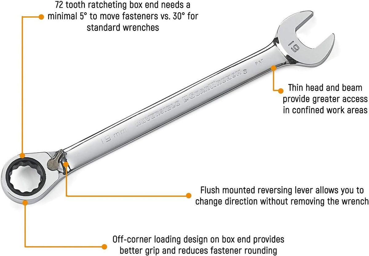 8 Pc. 12 Pt. Reversible Ratcheting Combination Wrench Set, Metric L80576