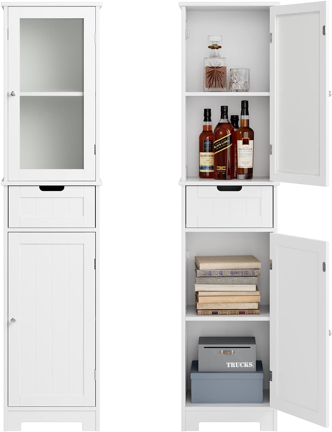 White Tall Freestanding Bathroom Storage Cabinet with Door and Drawer and Adjustable Shelves I162