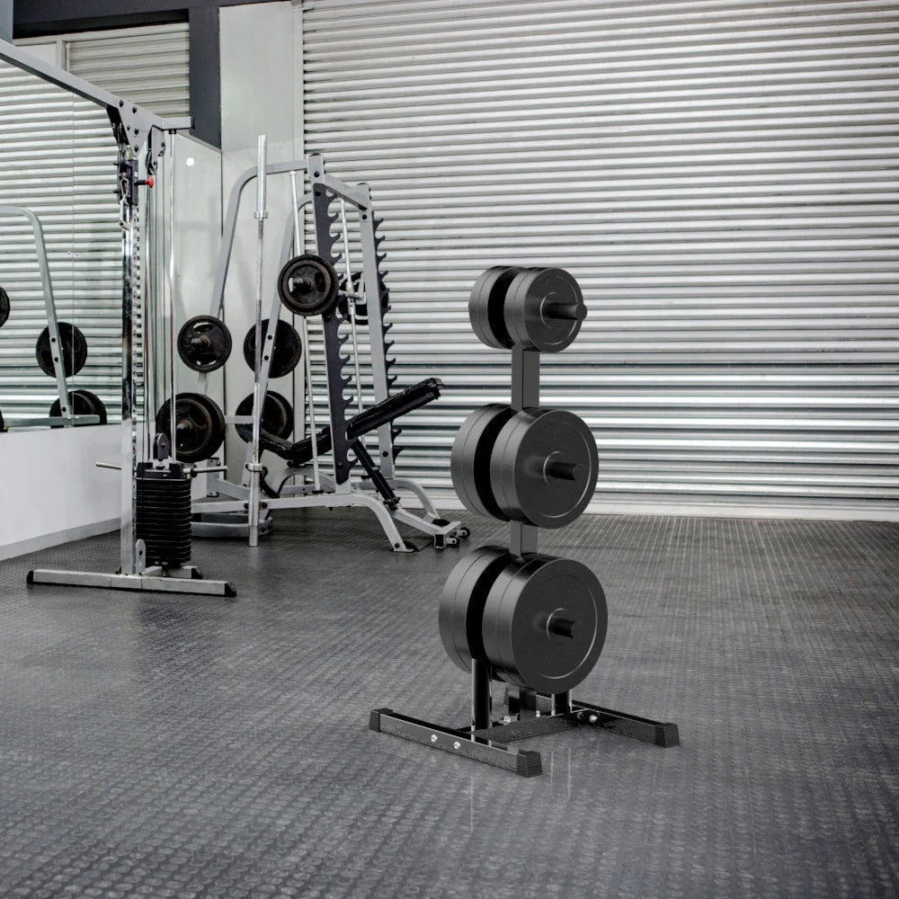 Black Olympic Weight Plate & Barbell Tree Stand Rack O830