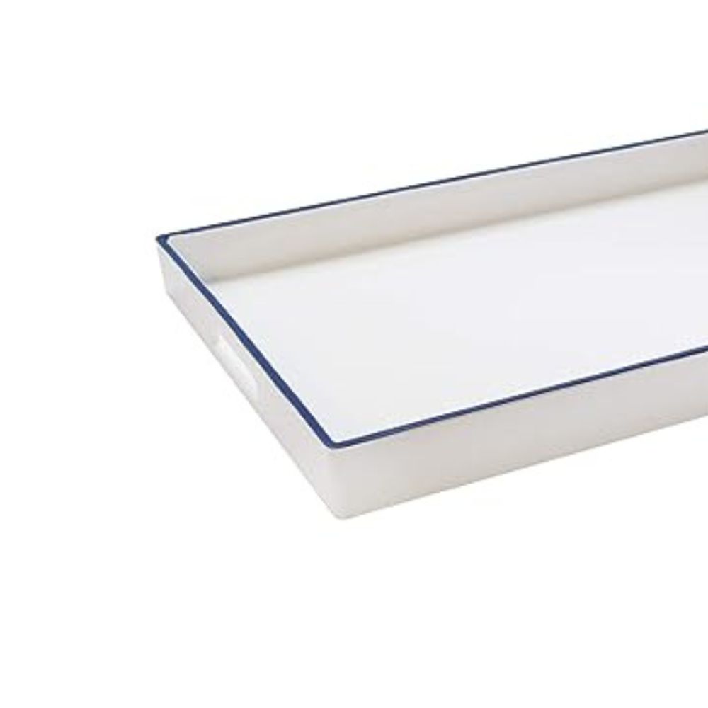 White with Blue Rim Polypropylene Rectangular Serving Tray with Handles K51304