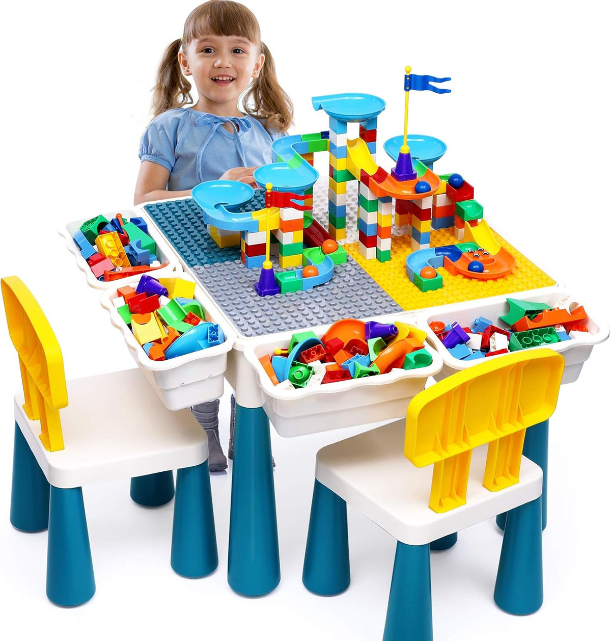 Kids Activity Table and Chair Set with 152Pcs Marble Run Building Blocks Water Table Sand Table STEM Toys H56188