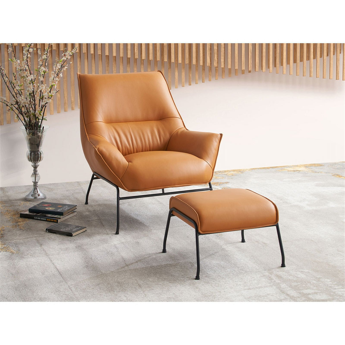 Tan Upholstered Leather Accent Chair and Ottoman C4425
