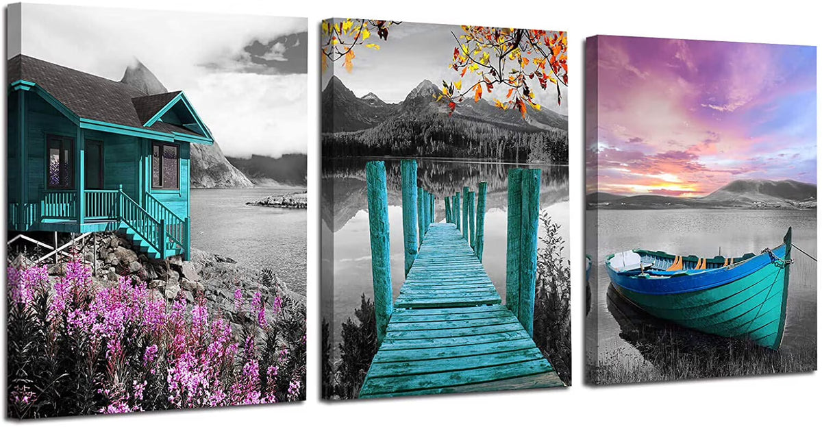 Teal Lake House Canvas Painting Framed 12"x16"x3 Panels B6663