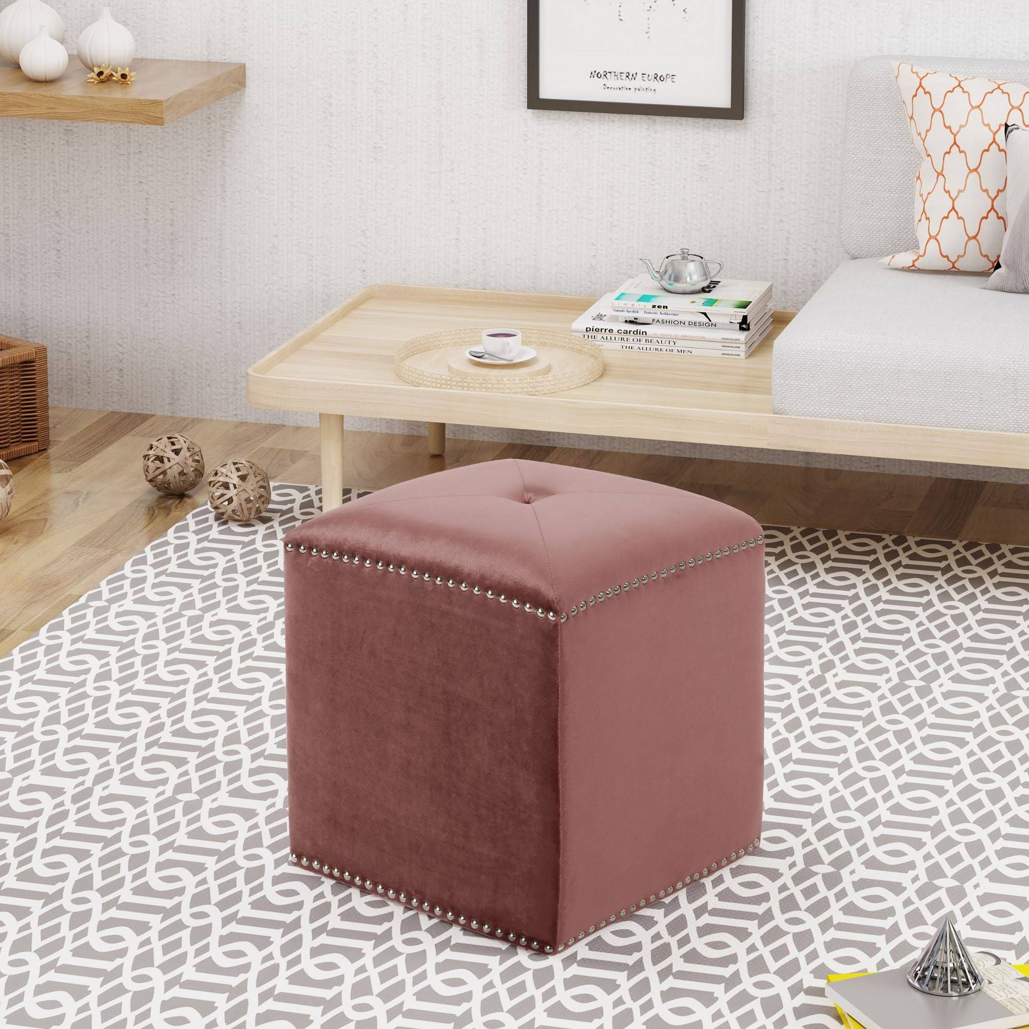 Pink Tufted Square Foot Stool Ottoman N952862