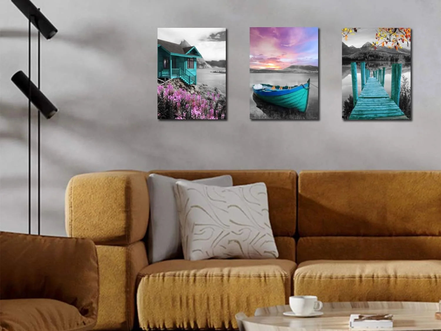 Teal Lake House Canvas Painting Framed 12"x16"x3 Panels B6663