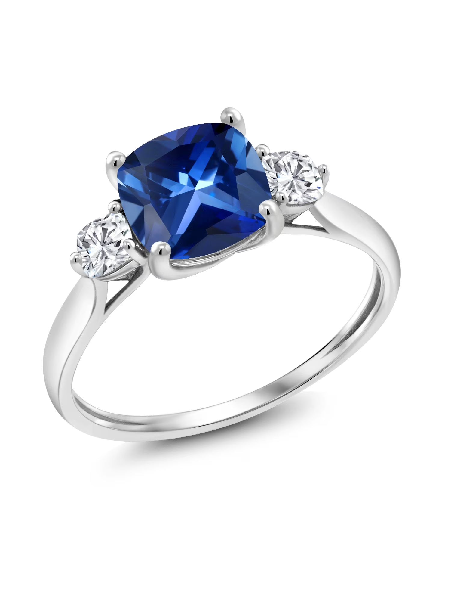 10K White Gold Blue Created Sapphire White Moissanite 3 Stone Engagement Ring T5983