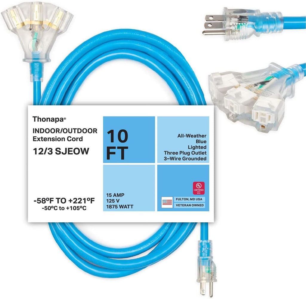 50 Ft All Weather Extension Cord with 3 Outlets, 12/3 SJEOW Heavy Duty Lighted Outdoor Cable S56742