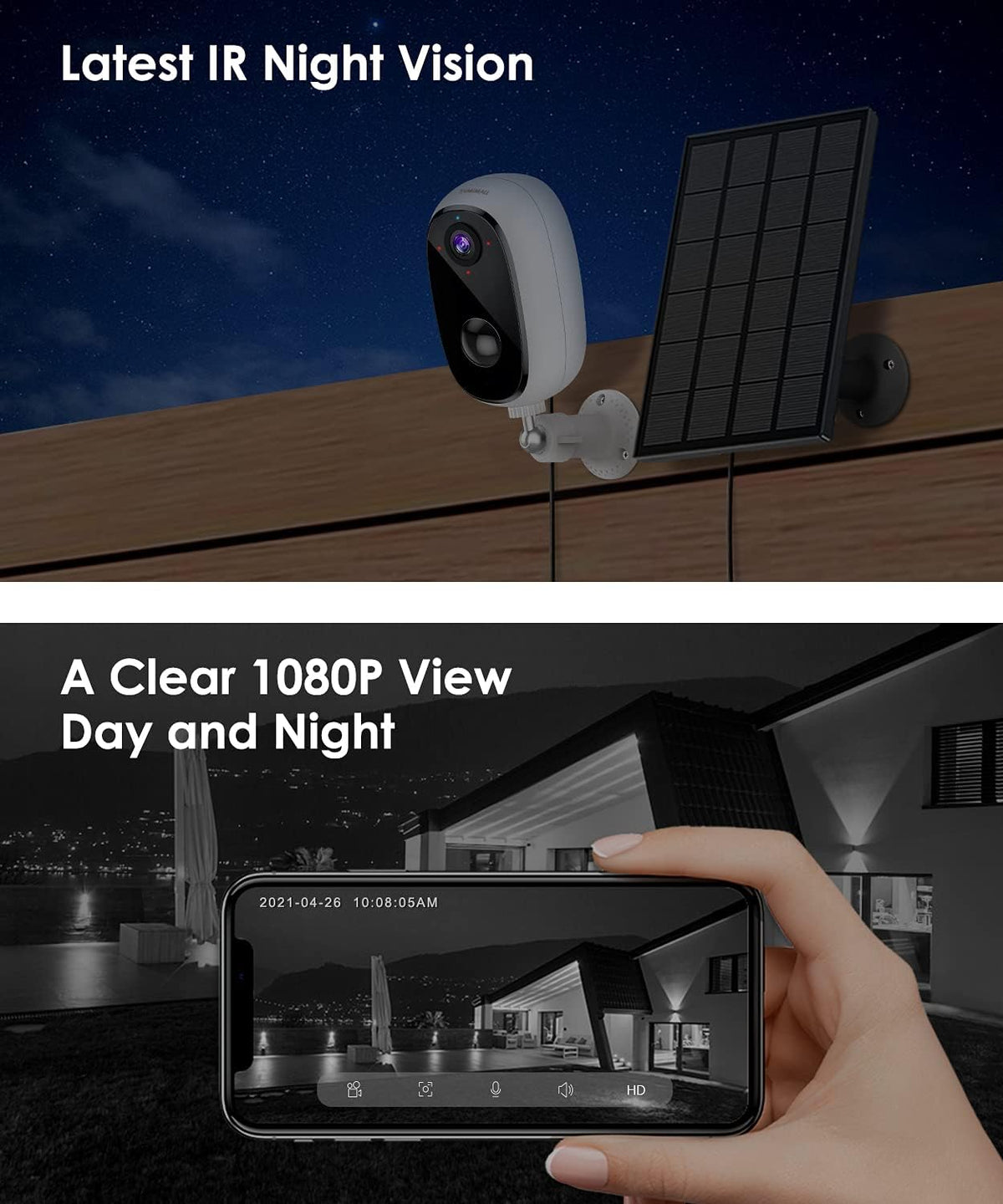 Solar Powered Outdoor Security Cameras Wireless, 1080P, Night Vision, 2-Way Talk, Motion Detection, Waterproof D446120