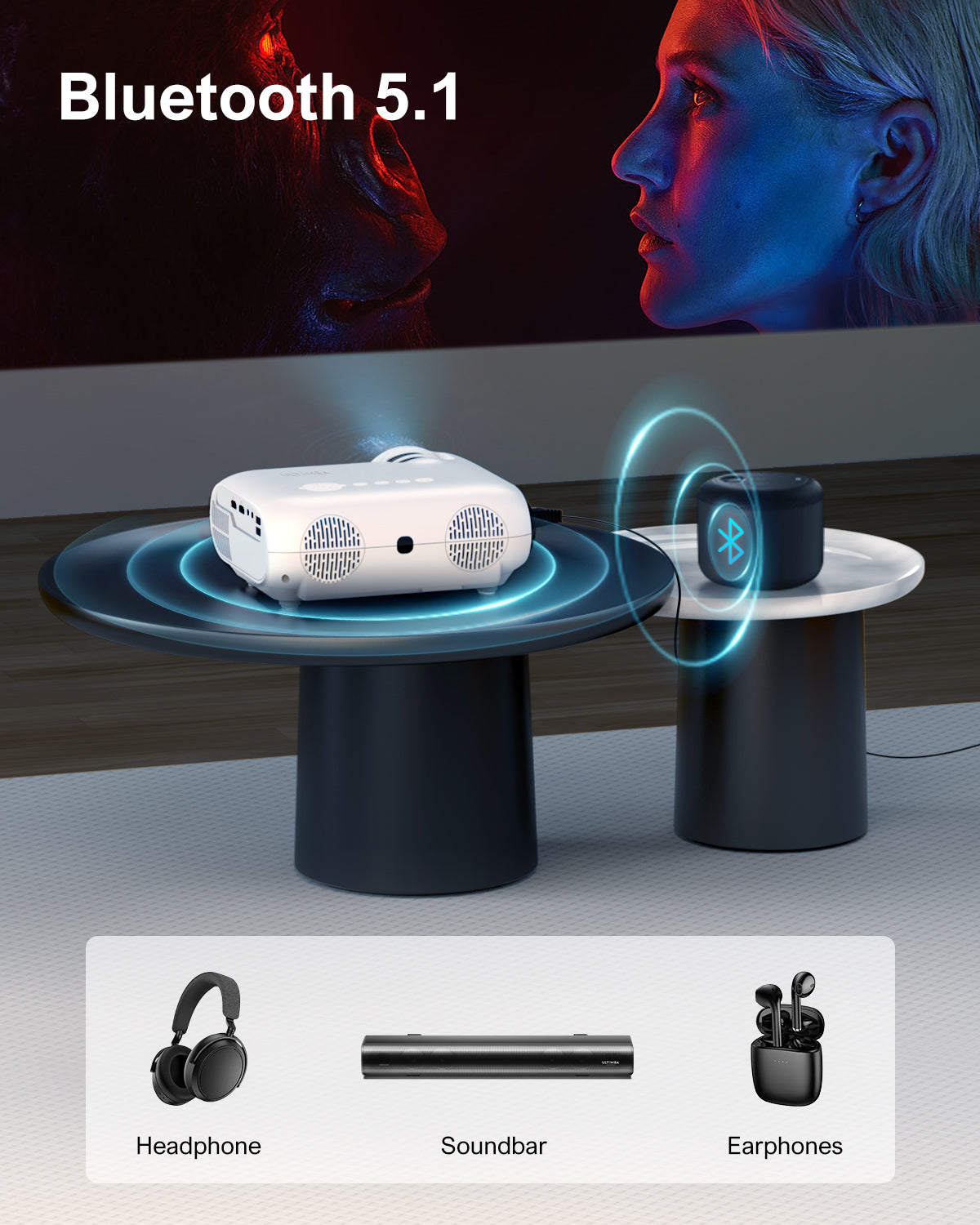 4K Support Native 1080P Bluetooth Projector, 300 ANSI 10000LM Portable Mini Outdoor Projector G3436