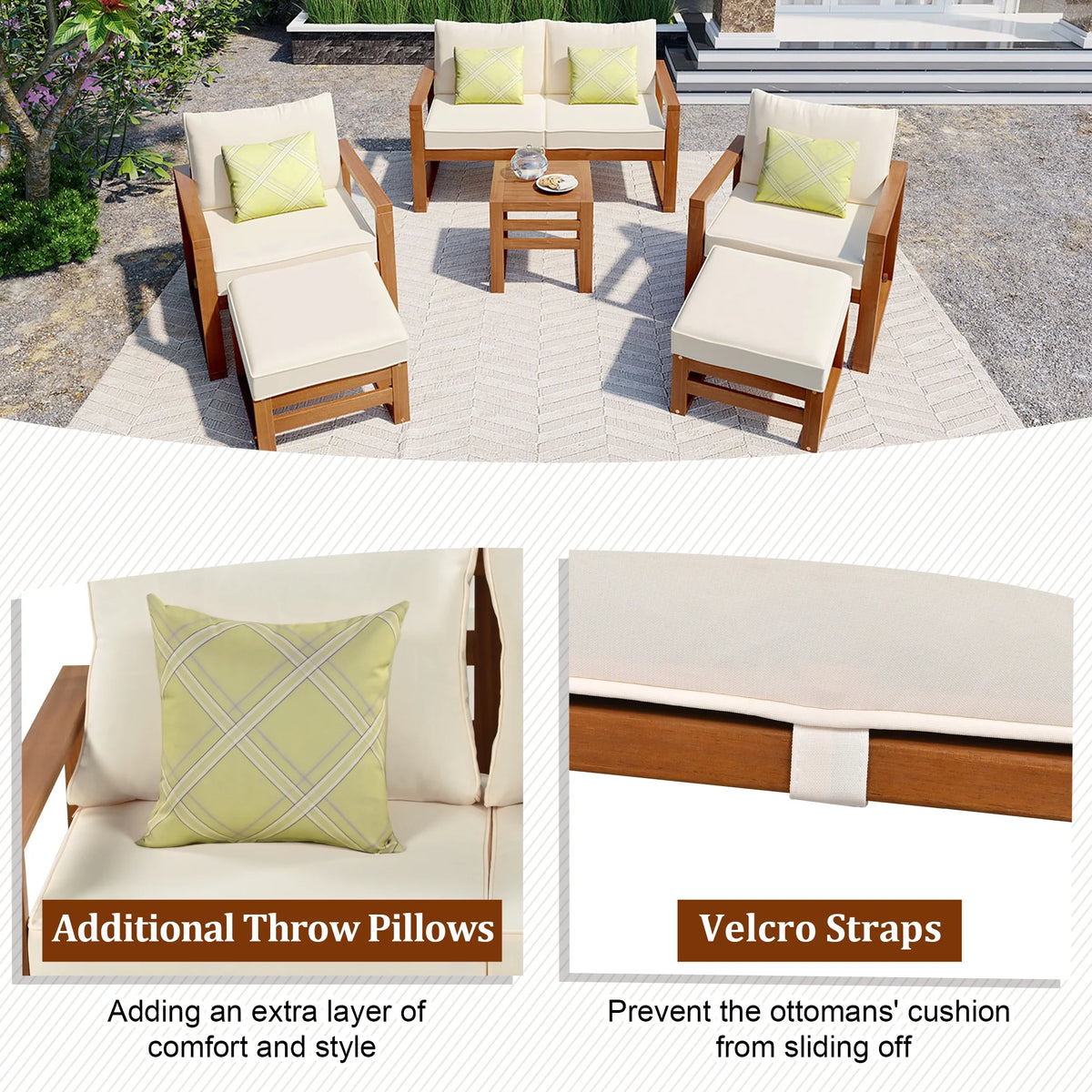 6-Piece Wood Outdoor Patio Conversation Set with Ottomans and Cushions J683712