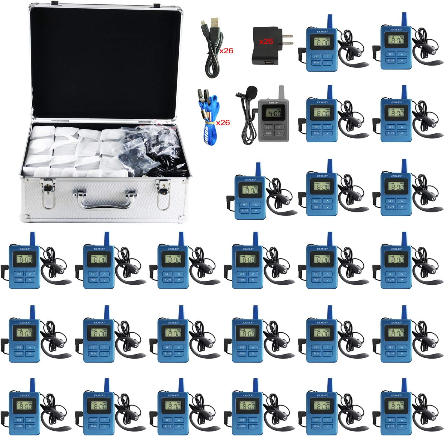 Wireless Tour Guide Whisper Acoustic Transmission System (1 Transmitter & 25 Receivers with Silver Aluminium Alloy Storage Case) Y53960