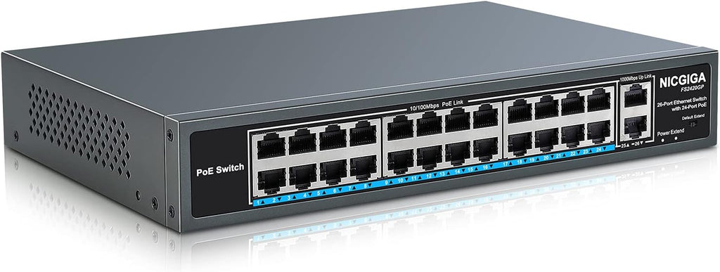 26 Port PoE Switch with 24 Ports 10/100Mbps PoE+@400W, 2 Gigabit Uplink Ports, VLAN Mode, Metal Case, Desktop/Rack Mount, Unmanaged Q8569