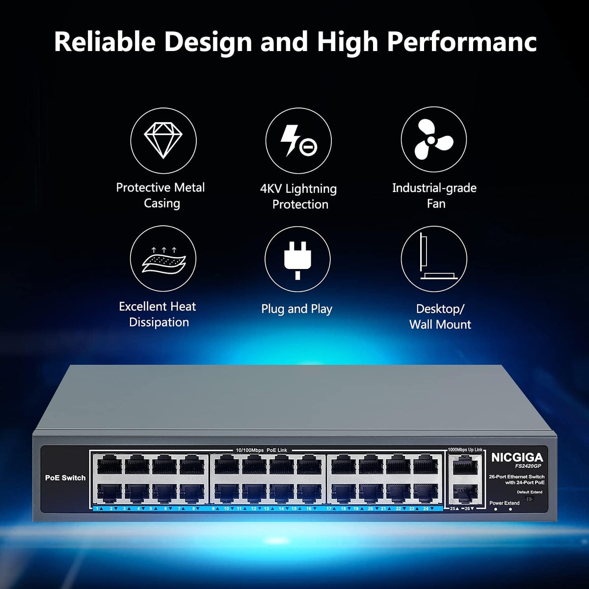 26 Port PoE Switch with 24 Ports 10/100Mbps PoE+@400W, 2 Gigabit Uplink Ports, VLAN Mode, Metal Case, Desktop/Rack Mount, Unmanaged Q8569