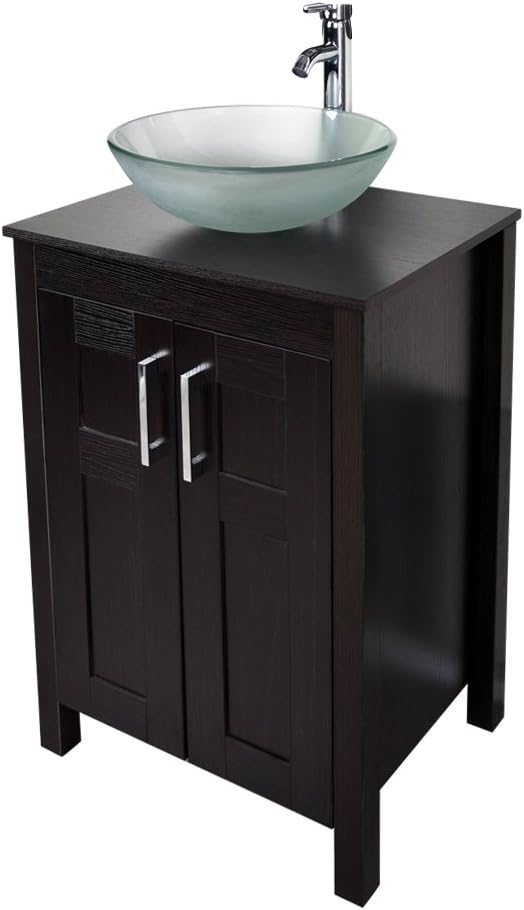 24 Inches Dark Coffee Single Bathroom Vanity with 2-Door Cabinet and Tempered Glass Sink Top W317468
