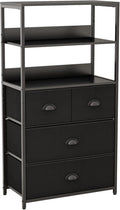 Vertical 4 Drawer Dresser with 3-tiers Wood Shelf, Tall Fabric Storage Tower, Metal Frame, Removable Brown Fabric Bins N7645