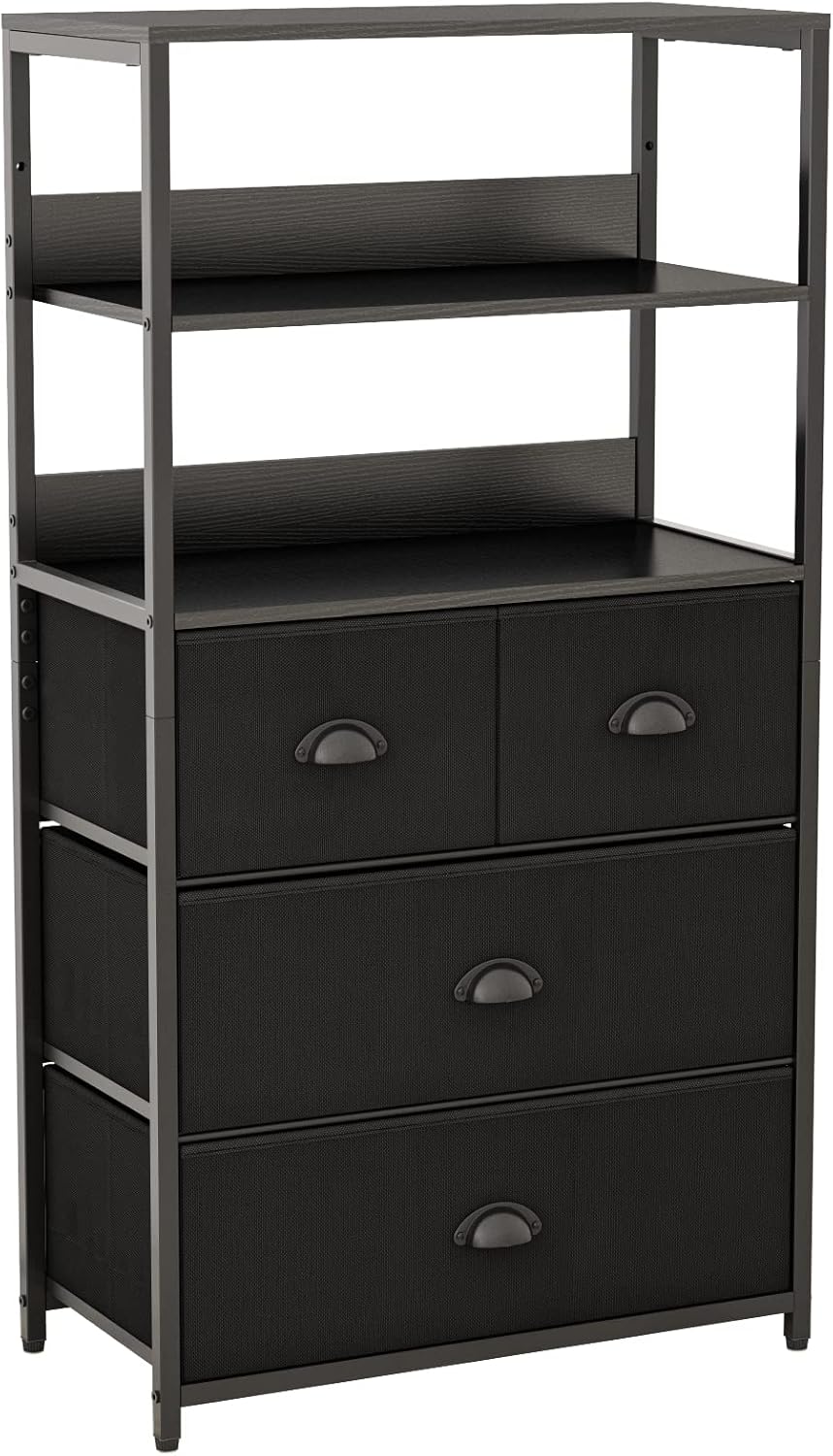 Vertical 4 Drawer Dresser with 3-tiers Wood Shelf, Tall Fabric Storage Tower, Metal Frame, Removable Brown Fabric Bins N7645