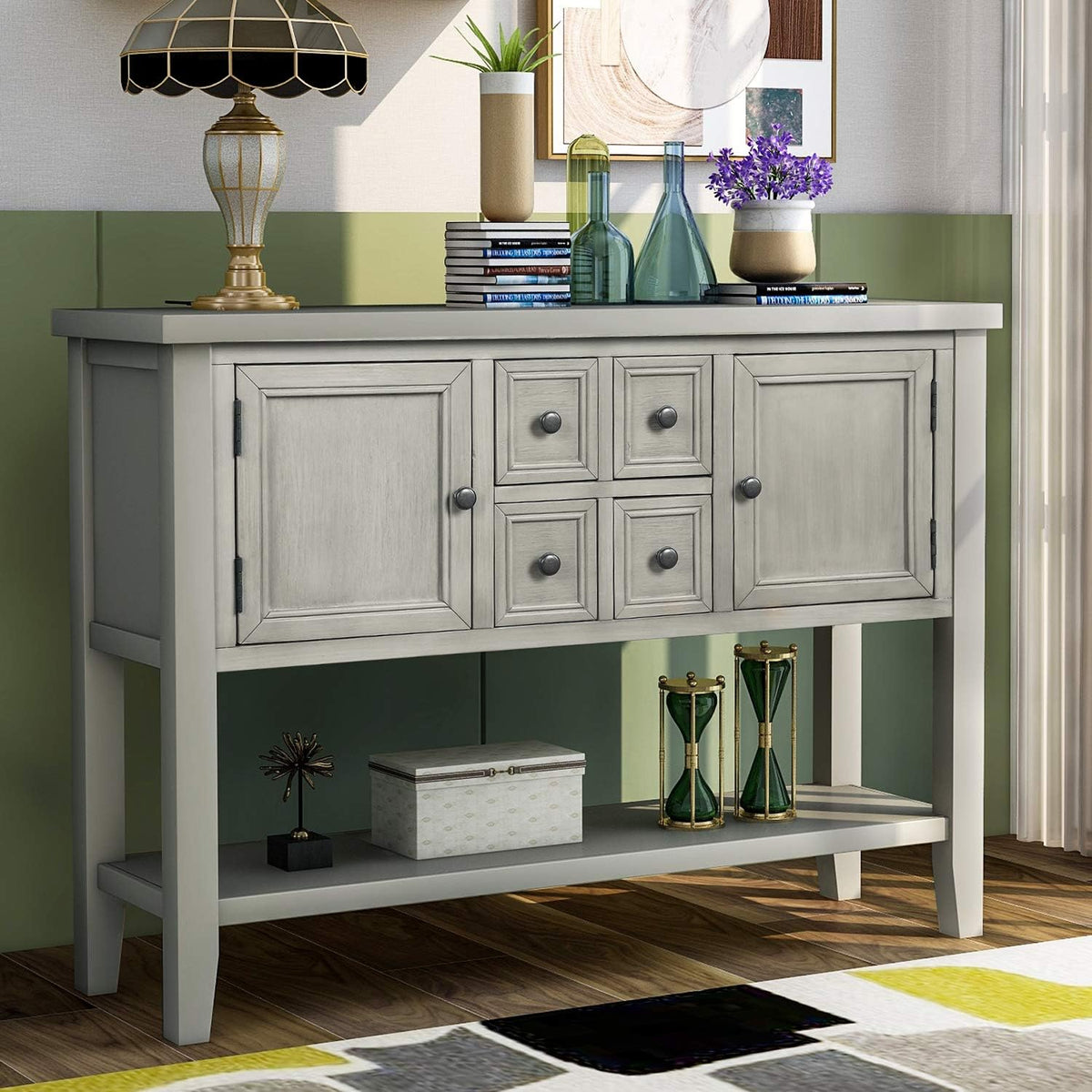 Dark Brown Console Sofa Table with Storage Drawers and Bottom Shelf I6837