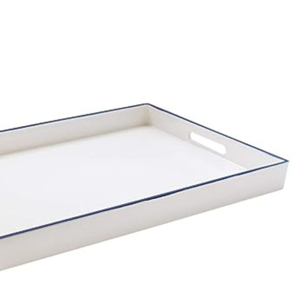 White with Blue Rim Polypropylene Rectangular Serving Tray with Handles K51304
