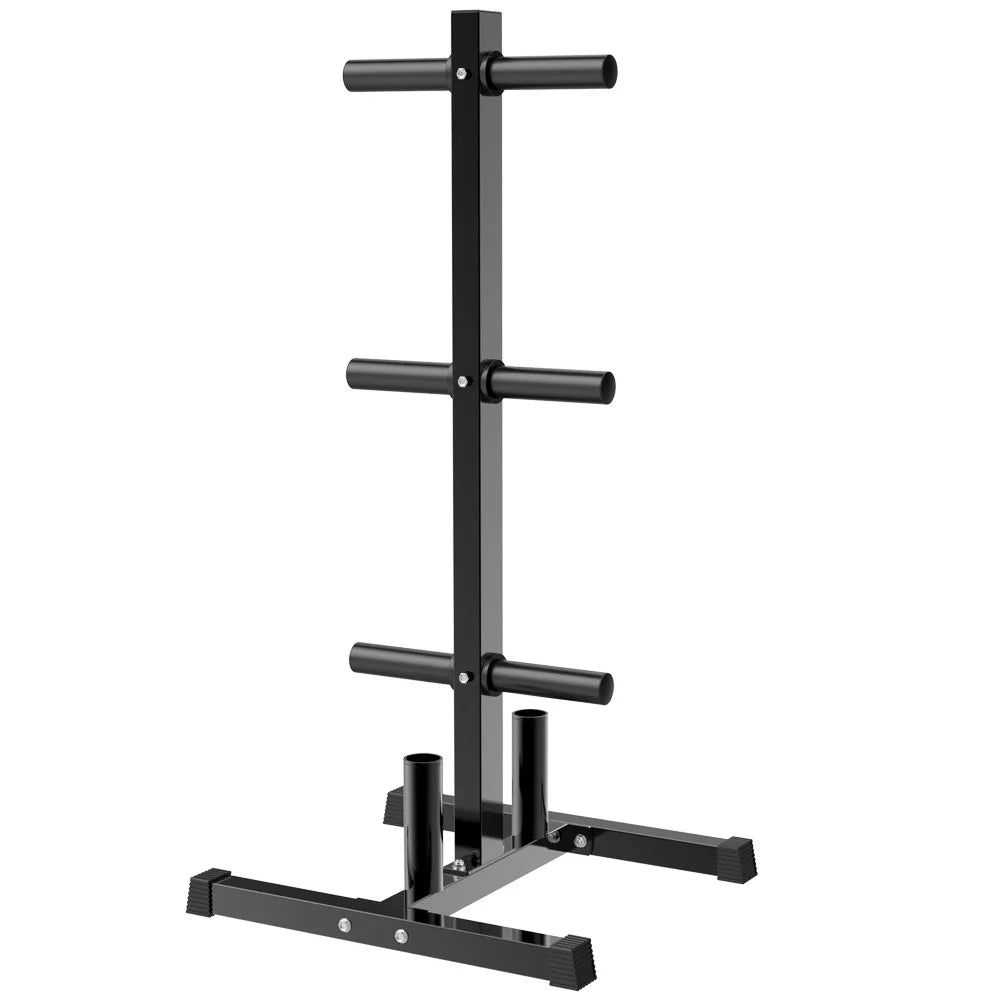 Black Olympic Weight Plate & Barbell Tree Stand Rack O830