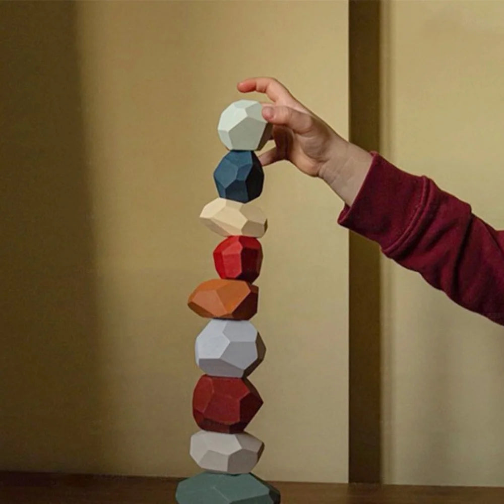 Kids Wooden Colored Balancing Stone Stacking Building Block Toy Y222