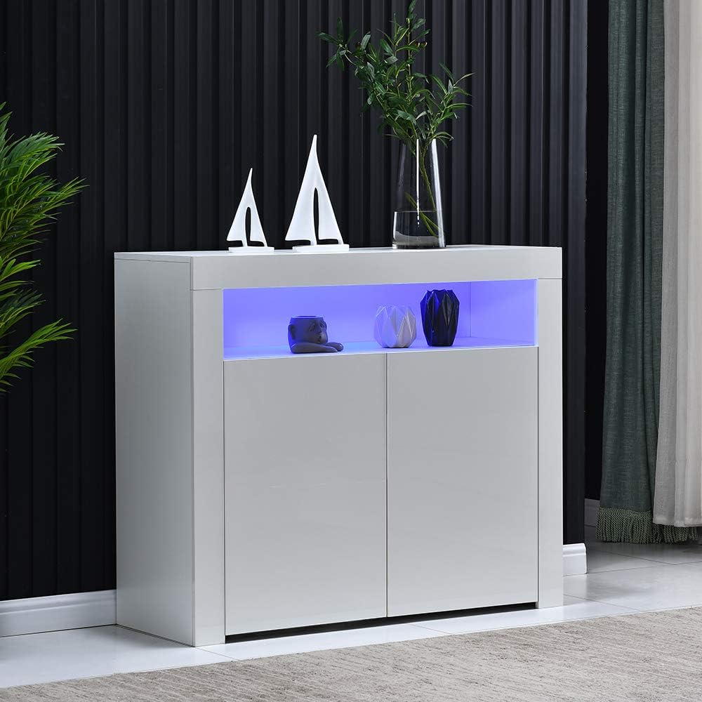 White High Gloss Sideboard Storage Cabinet with LED Light, 3 Doors V563222