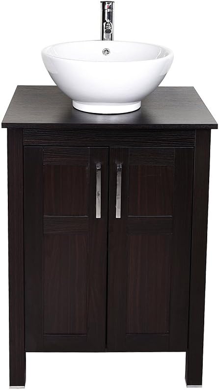 24 Inches Dark Coffee Single Bathroom Vanity with 2-Door Cabinet and Tempered Glass Sink Top W317468