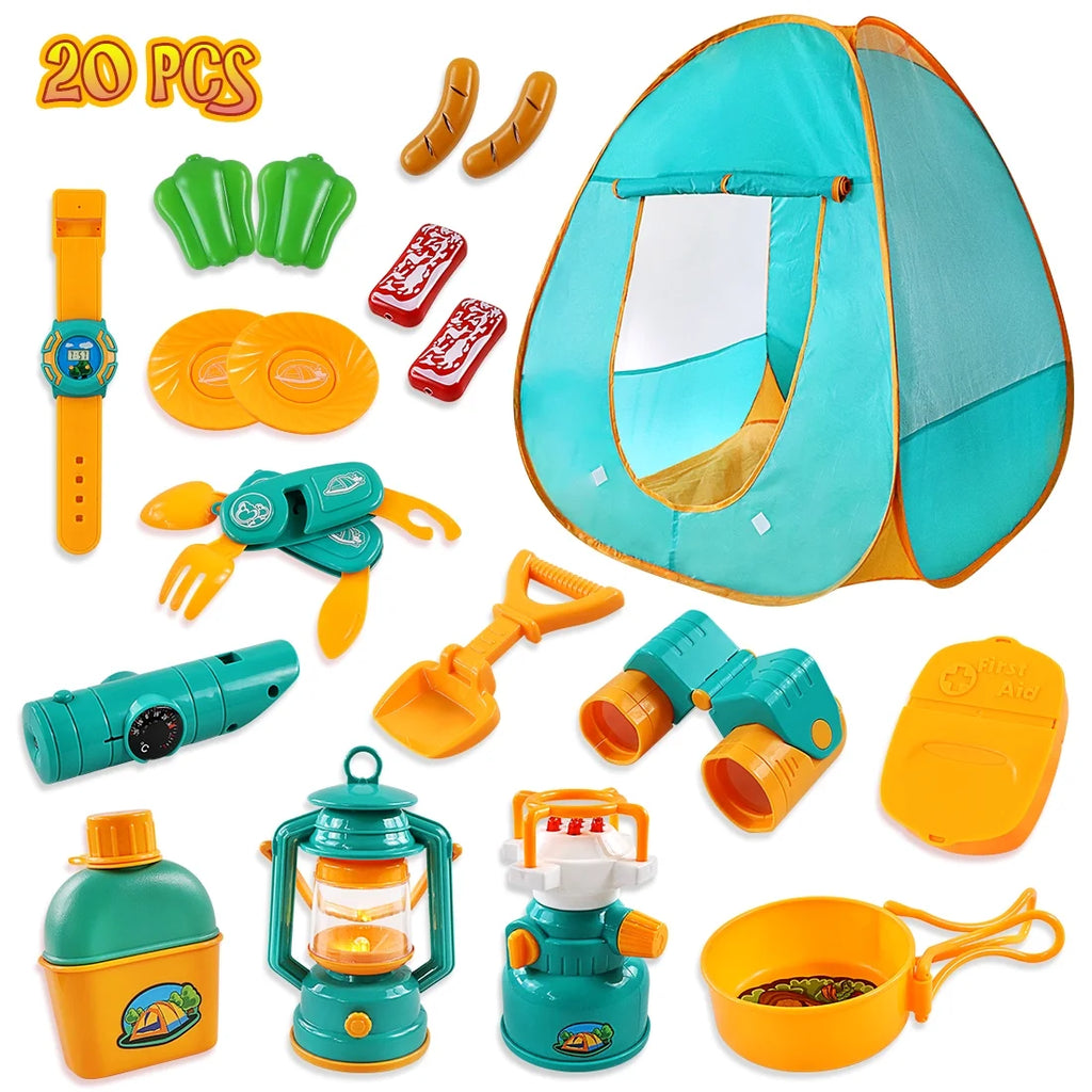 Kids Camping Play Tent Gear Set with Pretend Equipment Tool Toys J472