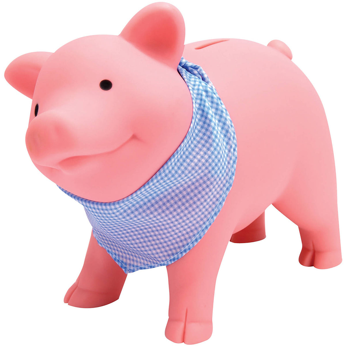 Pink Rubber Piggy Bank with Blue and White Scarf L256