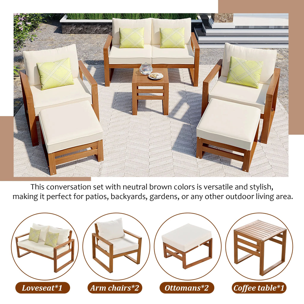 6-Piece Wood Outdoor Patio Conversation Set with Ottomans and Cushions J683712