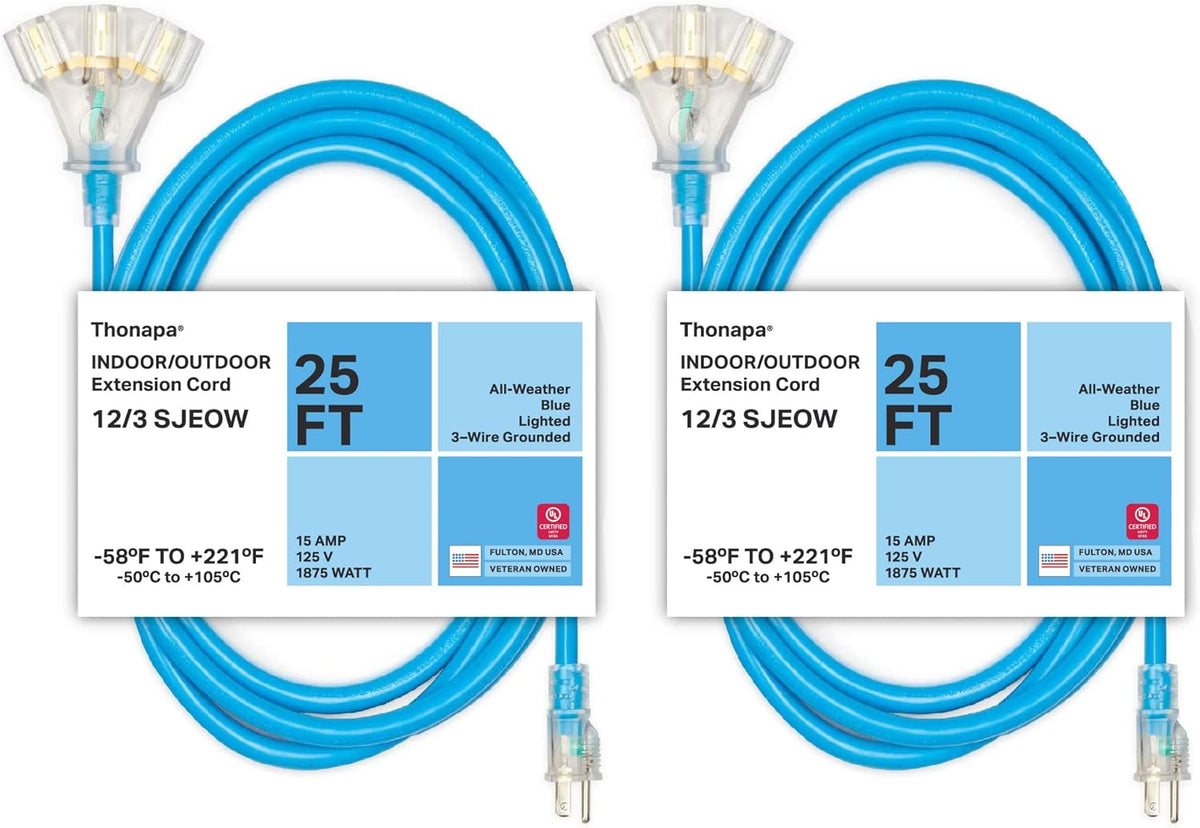 50 Ft All Weather Extension Cord with 3 Outlets, 12/3 SJEOW Heavy Duty Lighted Outdoor Cable S56742