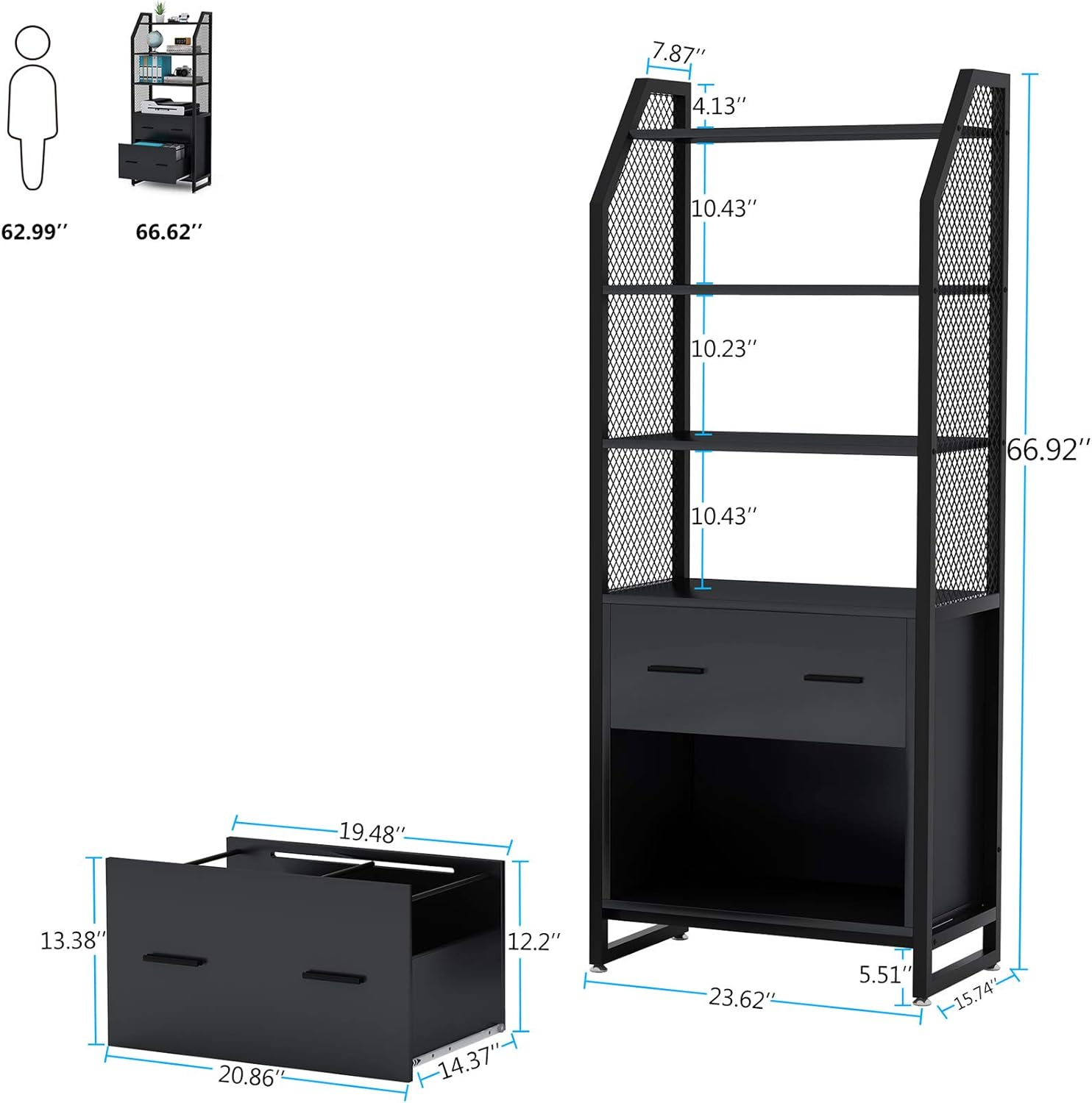 Black 2 Drawer File Cabinet with Bookshelf Z407