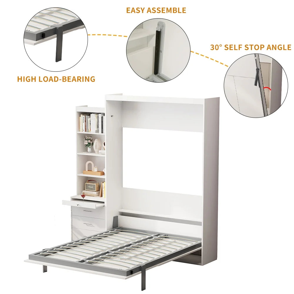 White Full Size Vertical Murphy Bed with Shelf and Drawers B874002