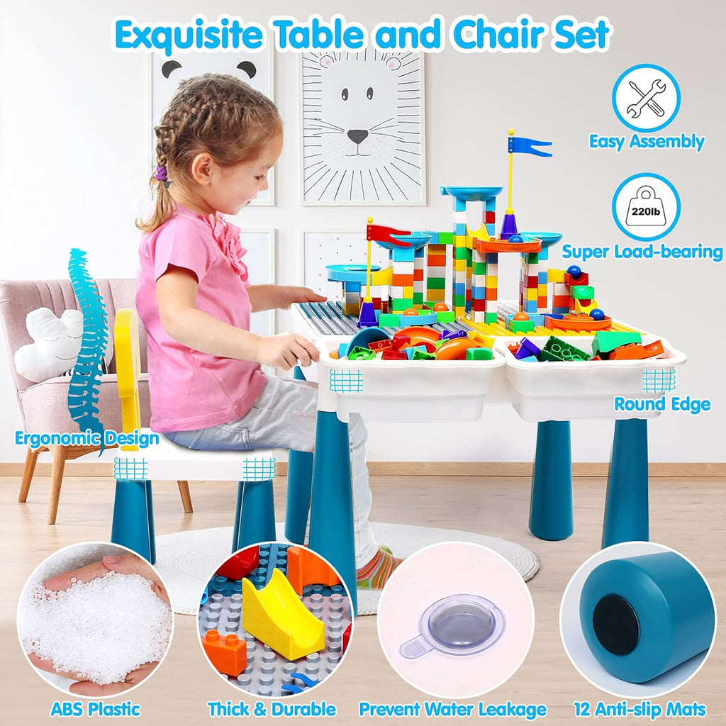 Kids Activity Table and Chair Set with 152Pcs Marble Run Building Blocks Water Table Sand Table STEM Toys H56188