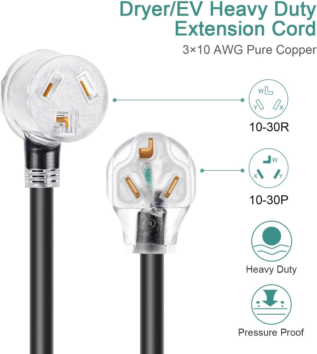 Dryer Extension Cord 3 Prong, 30 Amp, NEMA 10-30P to 10-30R, 125V/250V, 50 Feet V5266