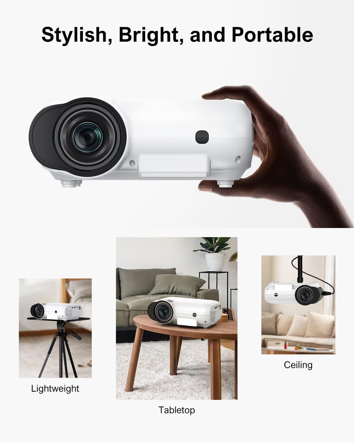 4K Support Native 1080P Bluetooth Projector, 300 ANSI 10000LM Portable Mini Outdoor Projector G3436