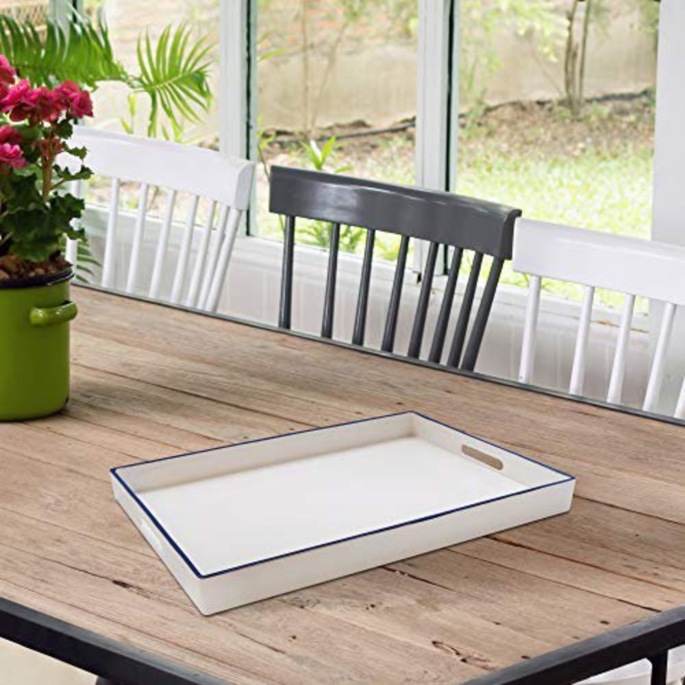 White with Blue Rim Polypropylene Rectangular Serving Tray with Handles K51304