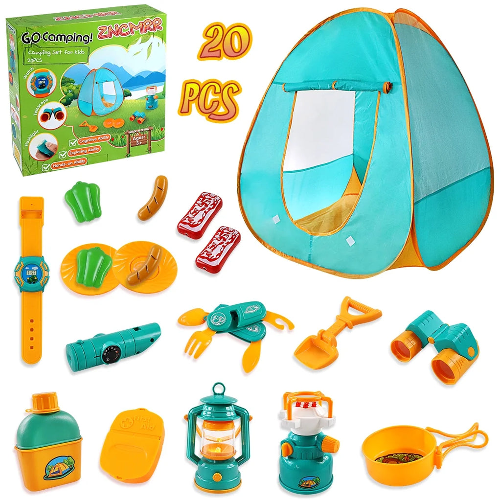 Kids Camping Play Tent Gear Set with Pretend Equipment Tool Toys J472