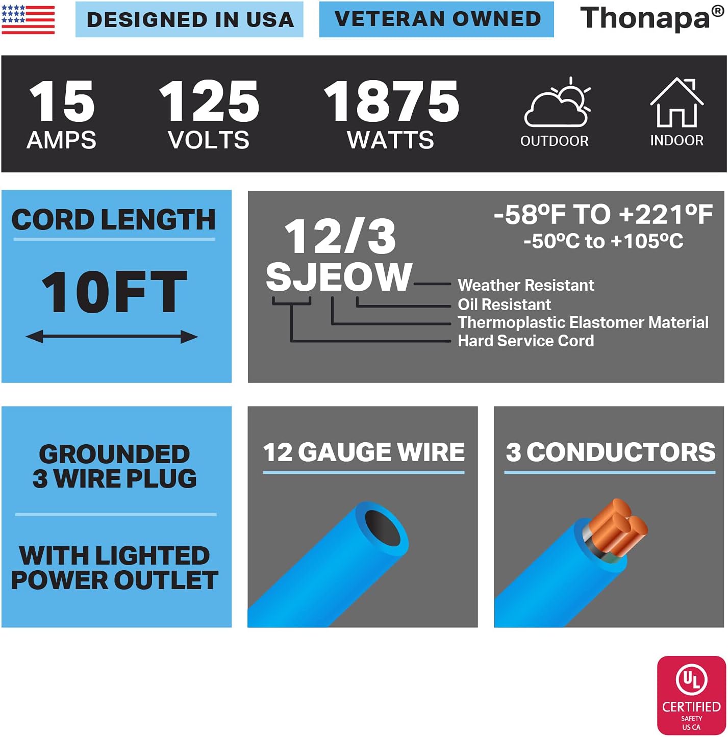 50 Ft All Weather Extension Cord with 3 Outlets, 12/3 SJEOW Heavy Duty Lighted Outdoor Cable S56742